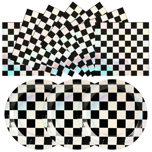 Checkered Race Car Party Plates and Napkins Set - 50 Piece Disposable Kit
