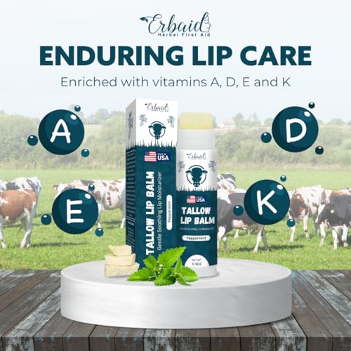 Erbaid Beef Tallow Lip Balm – Grass-Fed Tallow & Beeswax Chapstick with Peppermint