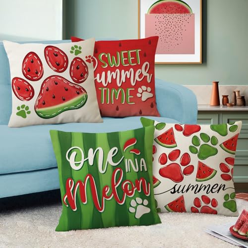 Summer Watermelon Throw Pillow Covers Set of 4 - 16x16 Decorative Cushions