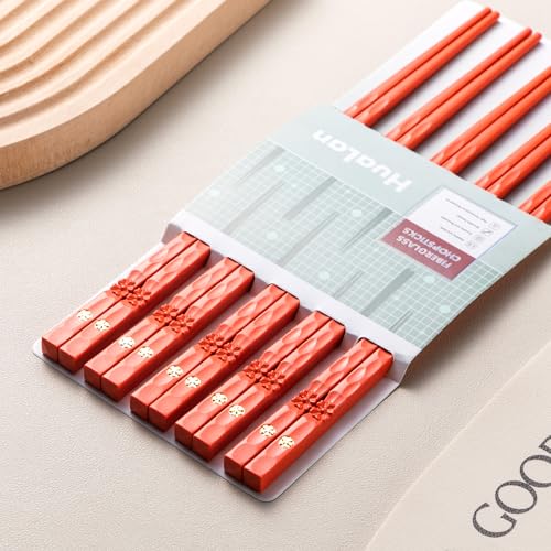HuaLan Reusable Fiberglass Chopsticks Set - 5 Pairs, 9.5" Non-Slip, Dishwasher Safe, Orange
