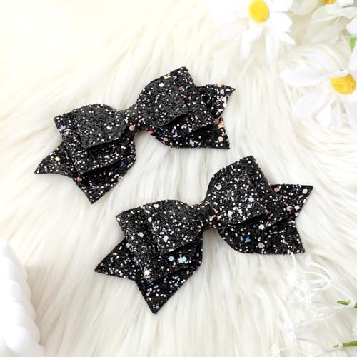 Styquenzer 2 Pcs Sparkly Sequin Hair Clips, 5 Inch Black Hair Bows
