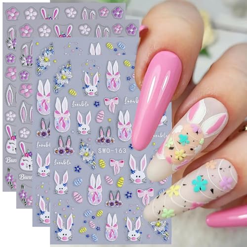 Easter Nail Art Stickers 4 Sheets - 5D Embossed Bunny & Flower Decals