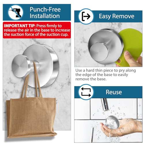 AbluFirst Suction Cup Hooks for Shower - 2 PCS Loofah-Silver, No-Drill Towel Holder, Waterproof & Rustproof, Holds Up to 15 lbs