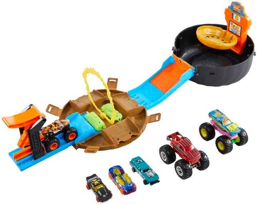 Hot Wheels Monster Trucks Playset - Includes 3 Trucks & 3 1:64 Scale Vehicles | Perfect Gift for Kids 4-8