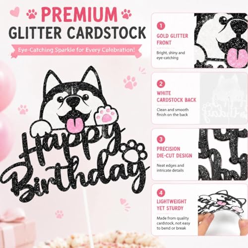 Husky Cake Topper - Black Glitter Birthday Decorations for Kids
