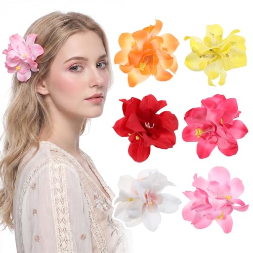 6 Pcs Hawaiian Tropical Flower Hair Clips - 2.75 Inch Hibiscus Hair Accessories for Beach Vacation and Parties