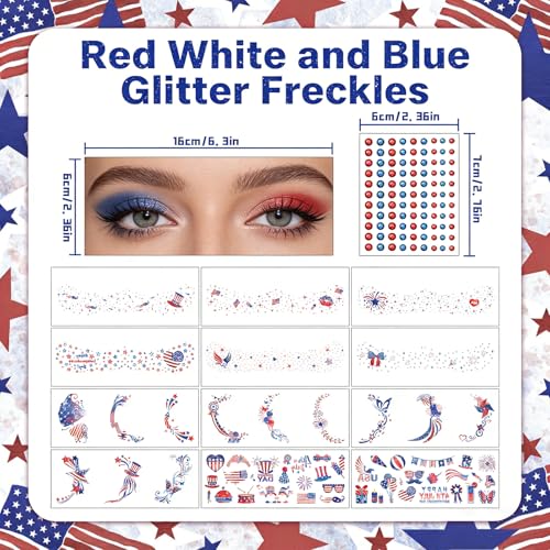 Patriotic Red White and Blue Glitter Freckle Face Tattoo Stickers 12Pcs