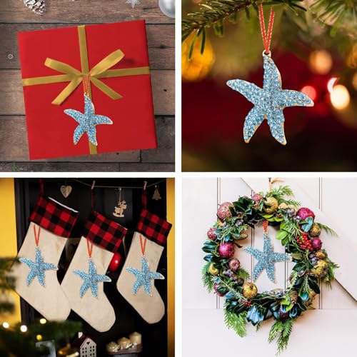 Metal Starfish Christmas Ornament with Blue Rhinestones - Beach Theme Holiday Decor