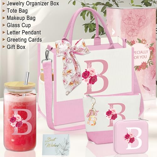 Pink Initial Canvas Tote Bag with Inner Pocket - Birthday Gift for Women