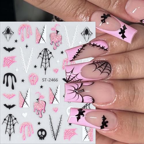 ONPRESS 6-Sheet Pink Halloween Nail Stickers 3D Self-Adhesive Spider Web Pumpkins Decals