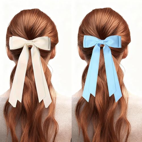 Satin Hair Bows for Women & Girls - Blue & Beige Hair Ribbon Clips (2PCS)
