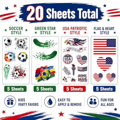 World Cup 2026 & 4th of July Temporary Tattoos - 115PCS Waterproof Soccer & USA Patriotic Fake Body Art