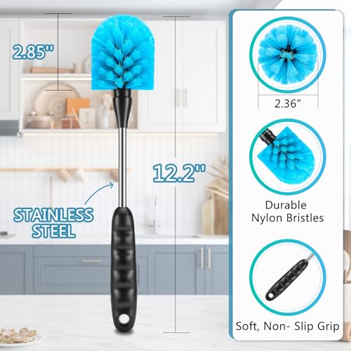 3-in-1 Bottle Brush Set - 12.2 Inch Long-Handled Kitchen Cleaner - Blue