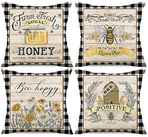 Farmhouse Bee Quote Pillow Covers Set of 4 - 18" x 18"