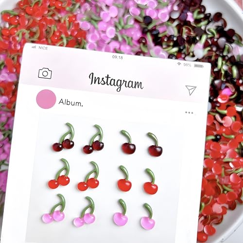 Quezadyl 120PCS 3D Cherry Nail Charms Resin Fruit Nail Gems for DIY Art