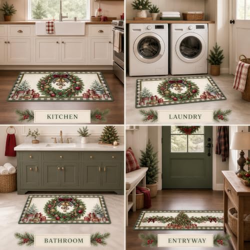 Christmas Kitchen Mat Set of 2 Non Slip Wreath & Tree Rugs - Wreath Christmas Tree Variation