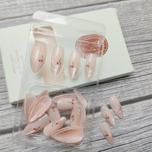 French Tip Press on Nails Medium Almond 3D Cherry False Nails