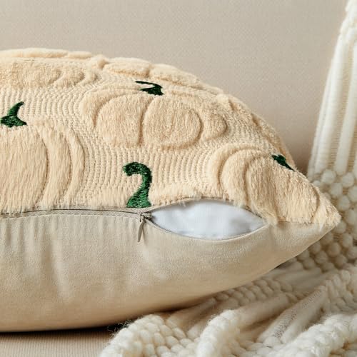 Beige Fall Pillow Covers 18x18 (Set of 2) - Plush Pumpkin Design