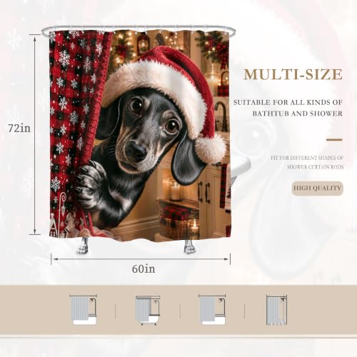 Christmas Dachshund Shower Curtain - Cute Holiday Bathroom Decor, 60"W x 72"L (Pack of 1) - Red & Green Festive Design