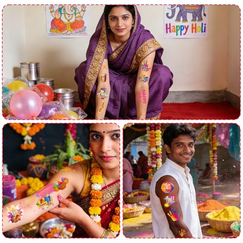 Holi Hai Temporary Tattoos 120 Pcs Festival of Colors Party Favors