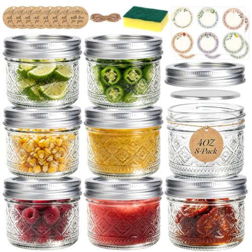 STARDISDE 4oz Clear Glass Mason Jars 8-Pack with Lids - Vintage Style, Food-Grade, Leakproof, DIY & Gift Set