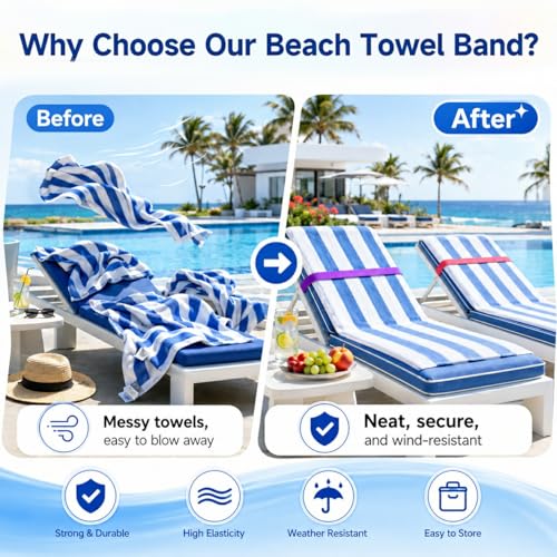 12 Pcs Silicone Towel Bands for Beach & Pool Chairs - Windproof