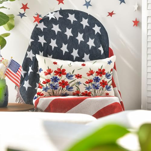 4th of July Flowers Throw Pillow Cover - 12x20 Inch Patriotic Decor