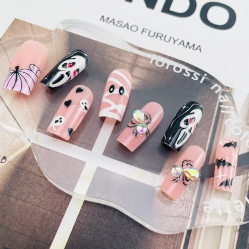 VGNRAR Halloween Long Square Pink Press On Nails with 3D Spider Rhinestones