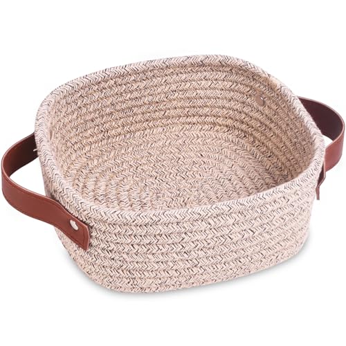 ABenkle Small Mixed Brown Rope Woven Storage Basket with Handles - Mini Toy & Organizing Bin for Nursery, Spa, Home