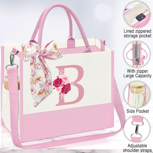 Pink Initial Canvas Tote Bag with Inner Pocket - Birthday Gift for Women