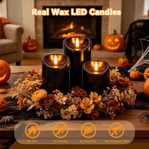 Black Flameless Candles with Remote & Timer - Halloween LED Pillar Set - Black