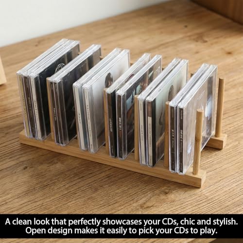 Bamboo CD Holder Organizer - 2 PCS Adjustable CD Rack for 18 Discs