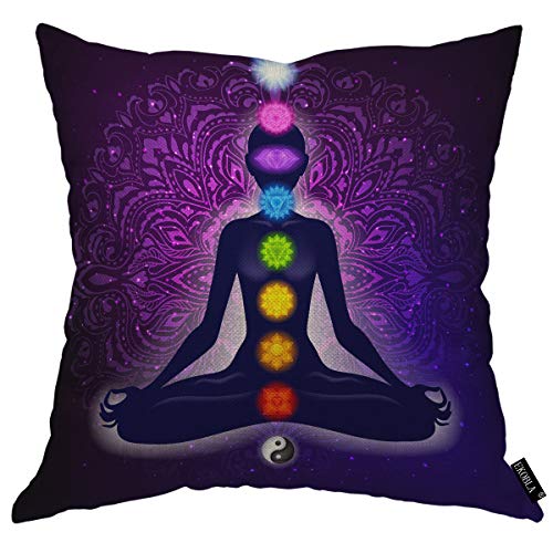Meditating Woman Lotus Chakra Throw Pillow Cover 18x18 Cotton Linen