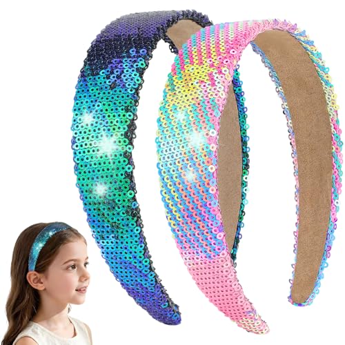 ROISDIYI Sequin Headbands for Girls, 2-Pack Sparkly Glitter Hair Bands