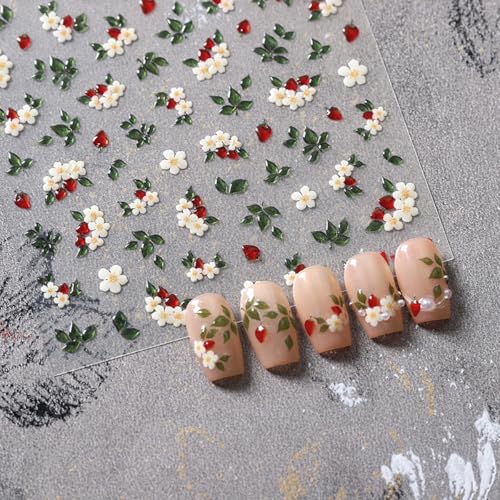 BYJKYEN Floral Nail Art Stickers White Flowers Green Leaves Self-Adhesive Decals