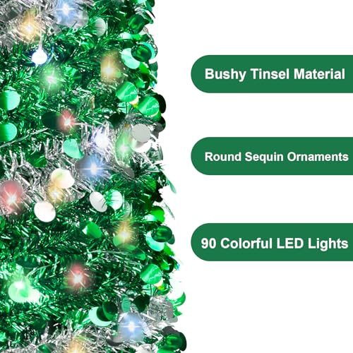 5FT Collapsible Pop Up Christmas Tree with 90 LED Lights - Green Silver