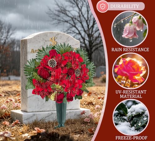 Artificial Cemetery Flower for Graves - Burgundy & Gold Christmas Tribute