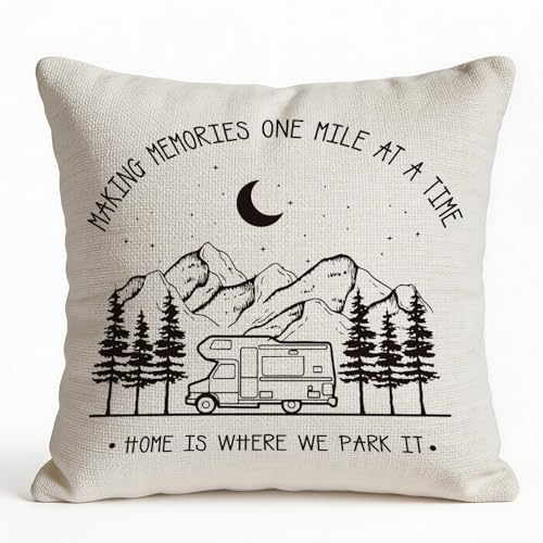 Happy Camper Throw Pillow Cover, 18x18 Vintage Travel Trailer Cushion Case