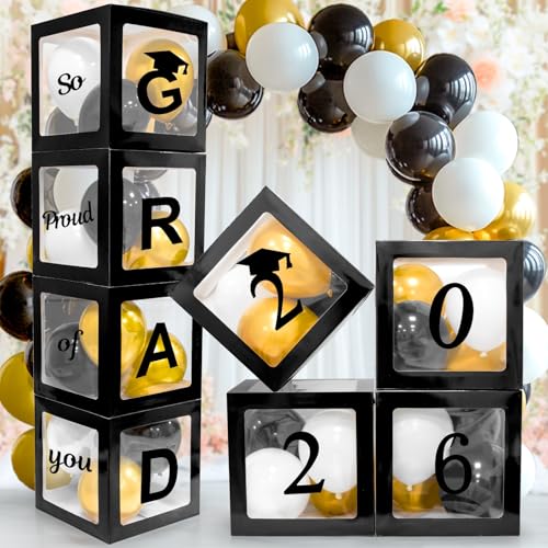 2026 Graduation Balloon Box Set - Black, White & Gold Party Decorations