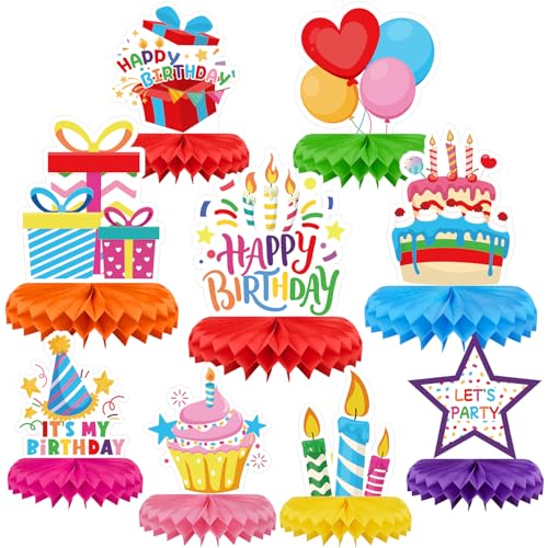Colorful 9-Piece Birthday Table Decorations - Honeycomb Centerpieces