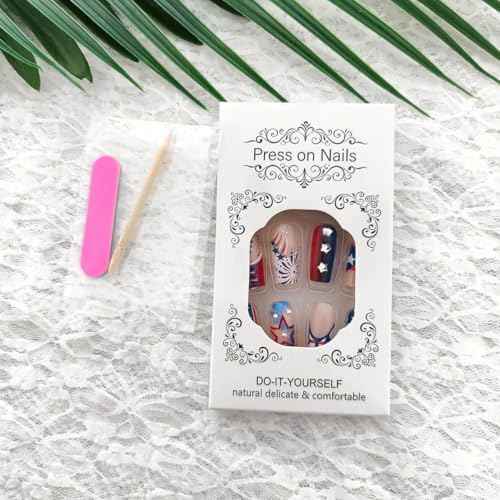 4th of July Press on Nails Medium Square Red White Blue Rhinestone Fake Nails