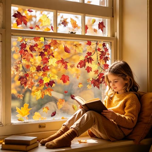Whaline Fall Window Clings - 6 Sheets Colorful Maple Leaf Decals