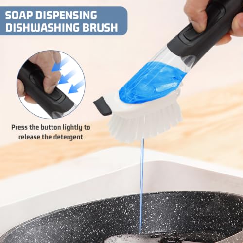 AMFUN Soap Dispensing Dish Brush with Scrubber for Kitchen Cleaning