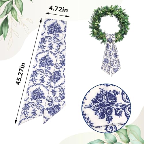Blue Floral Wreath Sash - Decorative Fabric Ribbon for Front Door Wreaths