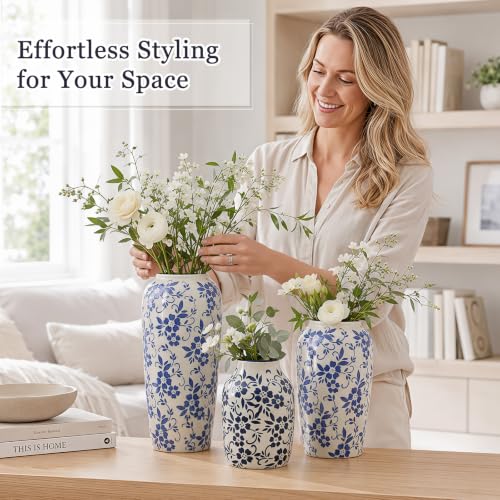 Rustic LemonRoad 3 Pack Chinoiserie Blue and White Ceramic Vases - Floral Decor