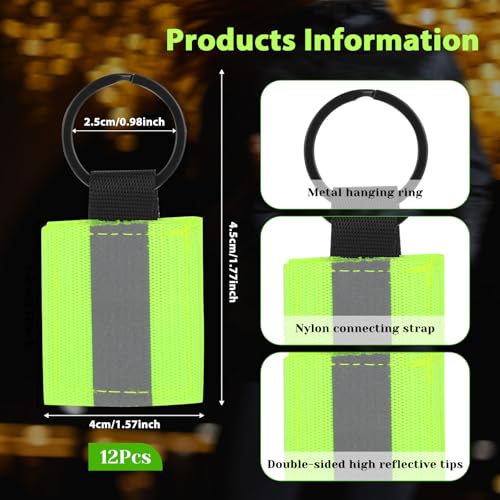 12 Pcs Reflective Keychain Tags, Bright Zipper Pulls Nylon Reflectors Tags for Safety Bag Backpack Pendant Glow In Dark Keychain Bag Charms for Kids Adults Dog Collar Zippers Decorations