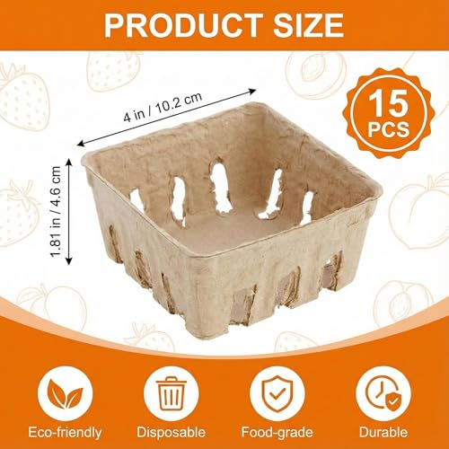 15 Pack Compostable Berry Baskets - Small Vented Produce Storage