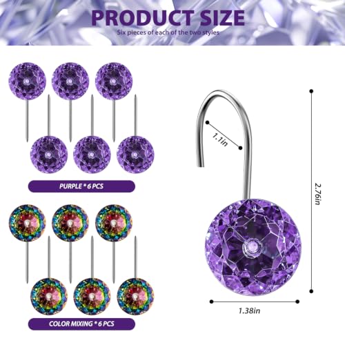 12PCS Purple & Colorful Rainbow Shower Curtain Hooks, Rustproof Bathroom Decor