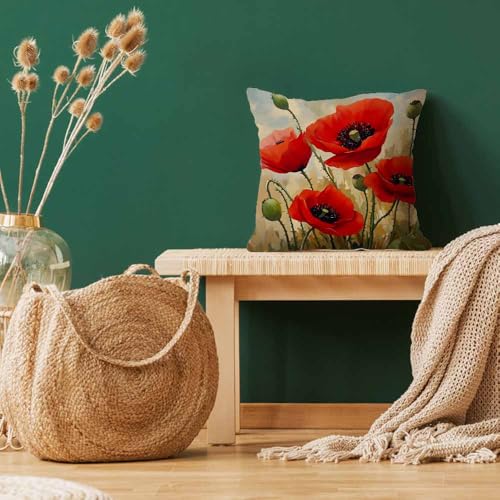 LAVVIEGO 18x18in Red Poppies Throw Pillow Cover - Floral Linen Blend Cushion