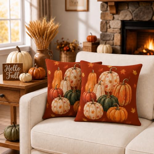 Fall Pumpkin Pillow Covers 18x18 - Set of 2 for Cozy Decor